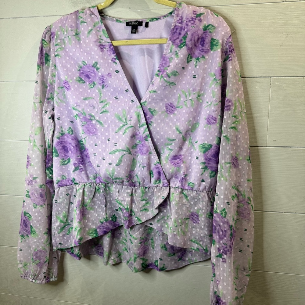 Buffalo David Bitton Women's Floral Wrap Blouse - Purple and Green Large